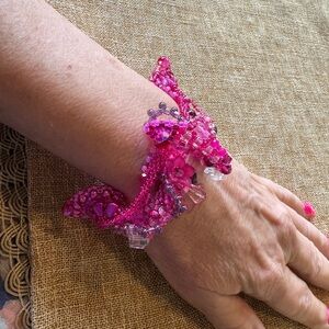 Elegant Pink Beaded Bracelet Freeform hot pink